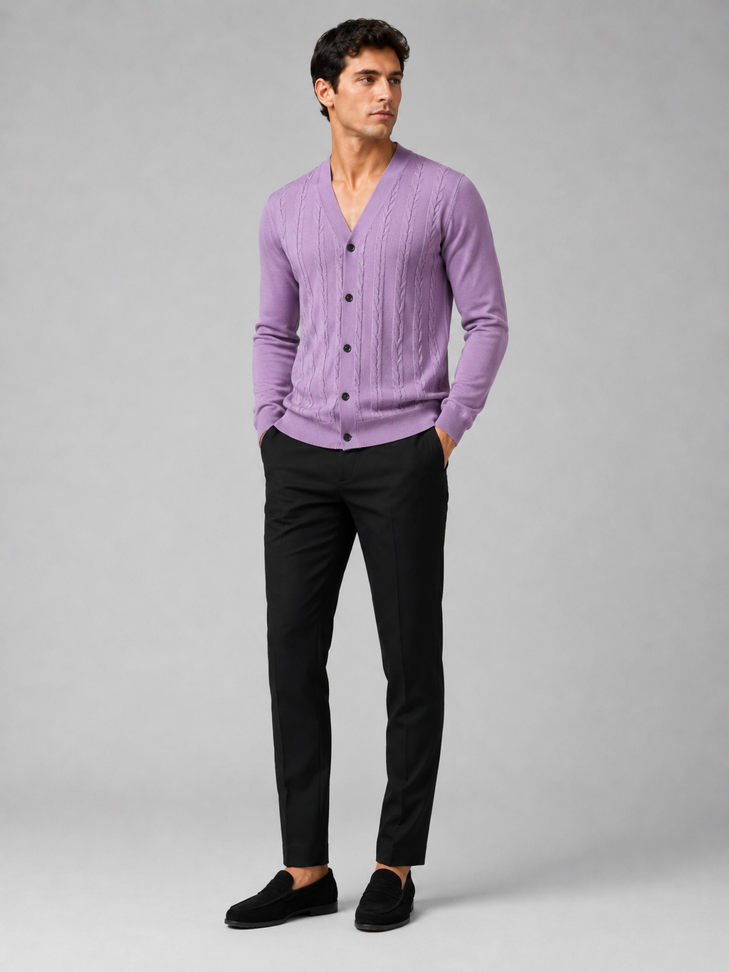 Purple v neck cardigan sweater for men slim fit layering piece for everyday wear