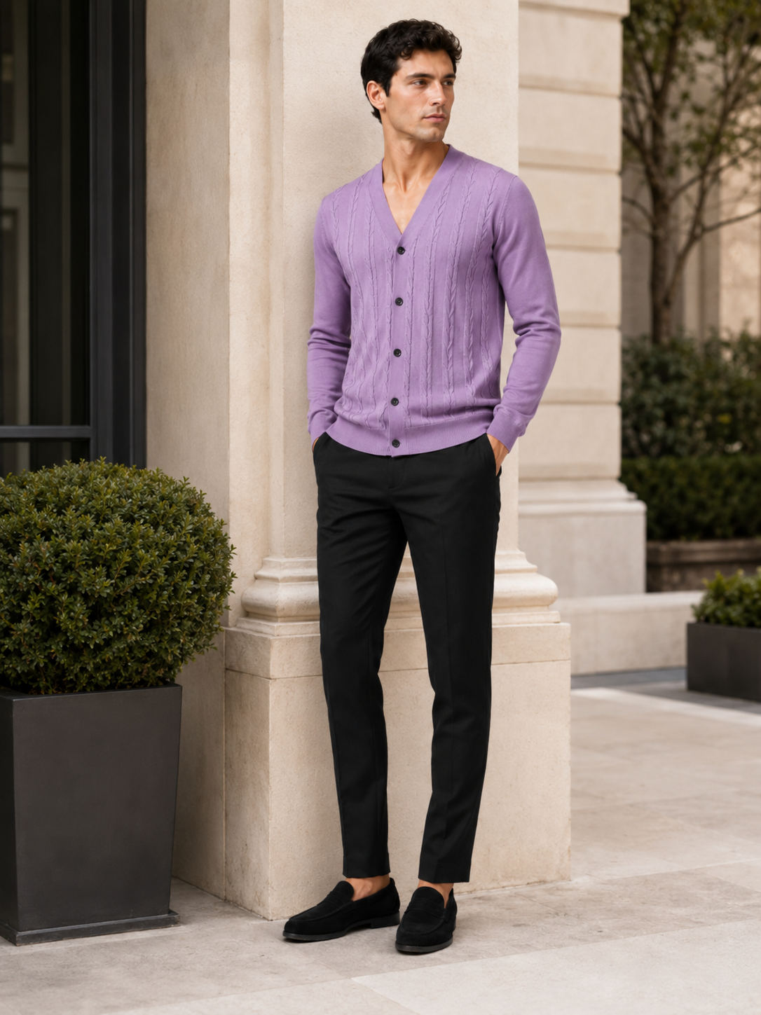 Man styling purple v neck cardigan sweater in a refined everyday smart casual outfit