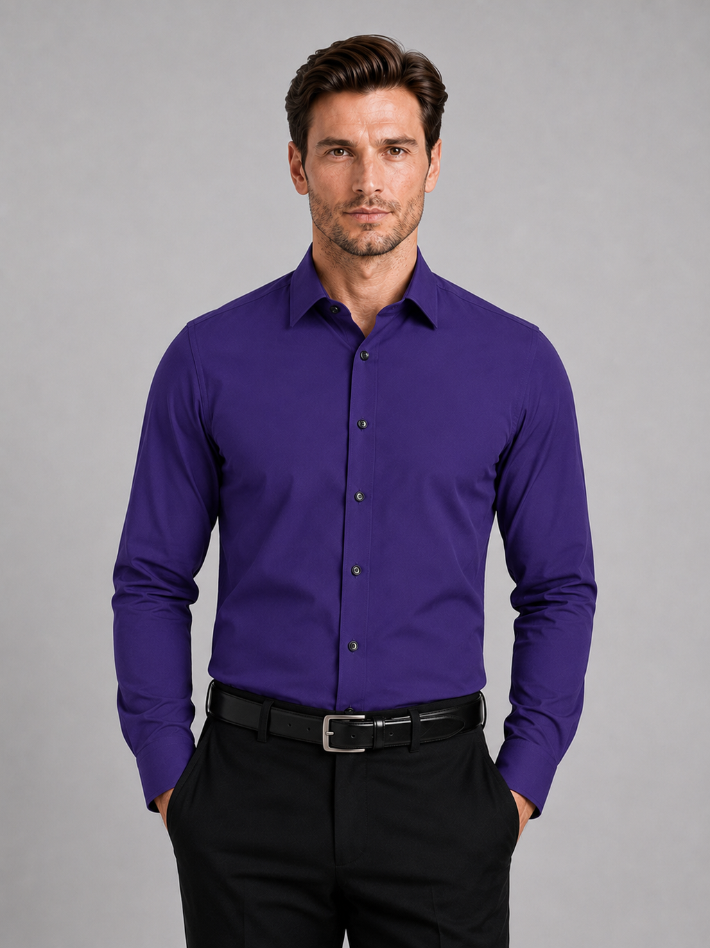 Men wearing purple button down shirt long sleeve non iron stretch business casual office style