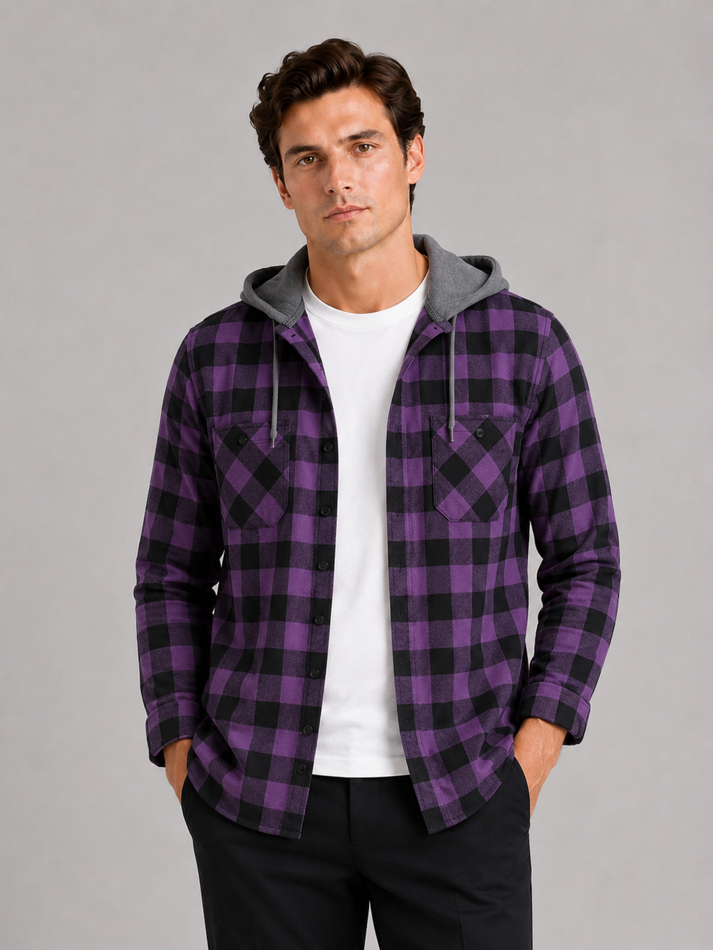 Men wearing purple plaid hooded flannel jacket long sleeve button down fall casual style