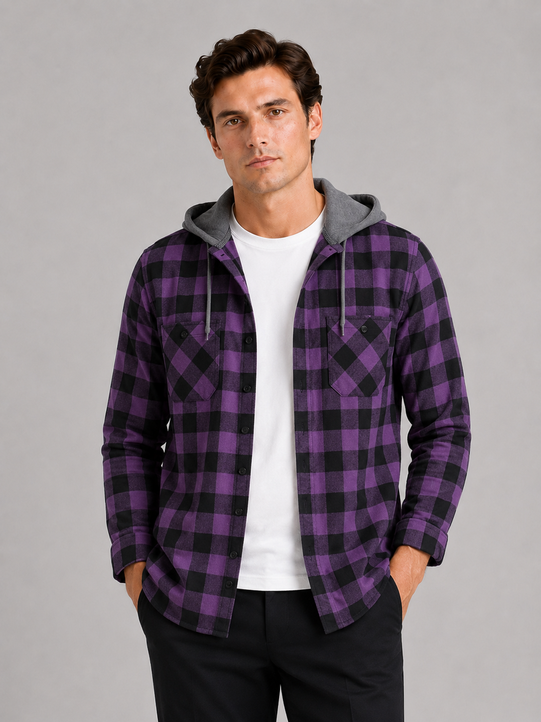 Men wearing purple plaid hooded flannel jacket long sleeve button down fall casual style