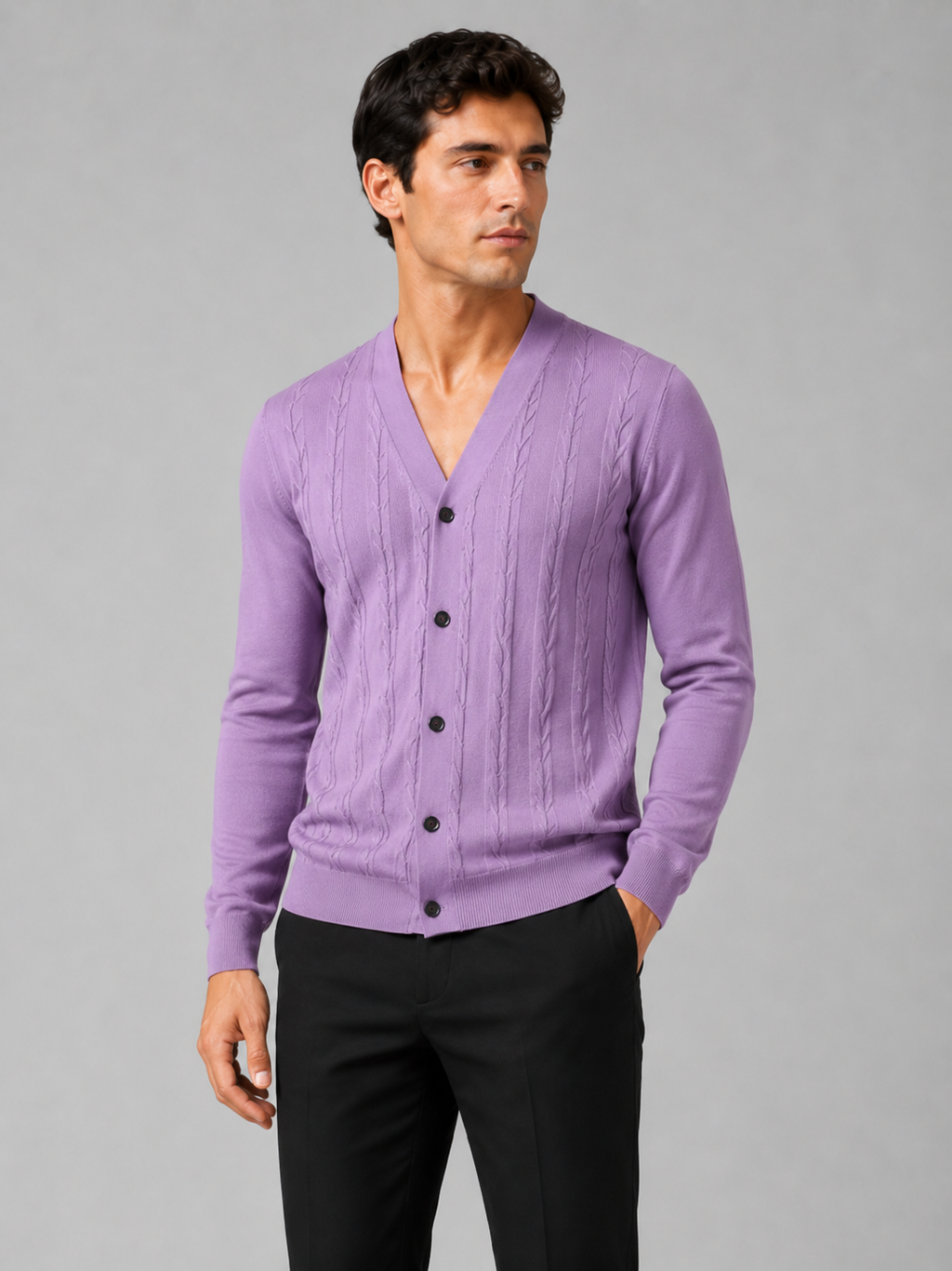 Men wearing purple v neck cardigan sweater slim fit knit long sleeve spring fall business casual style
