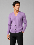 Men wearing purple v neck cardigan sweater slim fit knit long sleeve spring fall business casual style