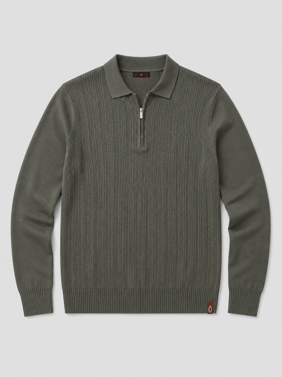 Green men’s slim fit quarter zip polo shirt with textured long sleeve design displayed on a plain background