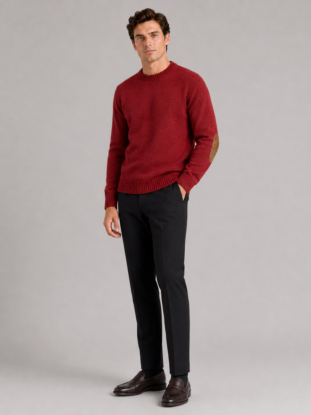 Red crew neck wool sweater for men loose fit pullover for fall winter everyday wear