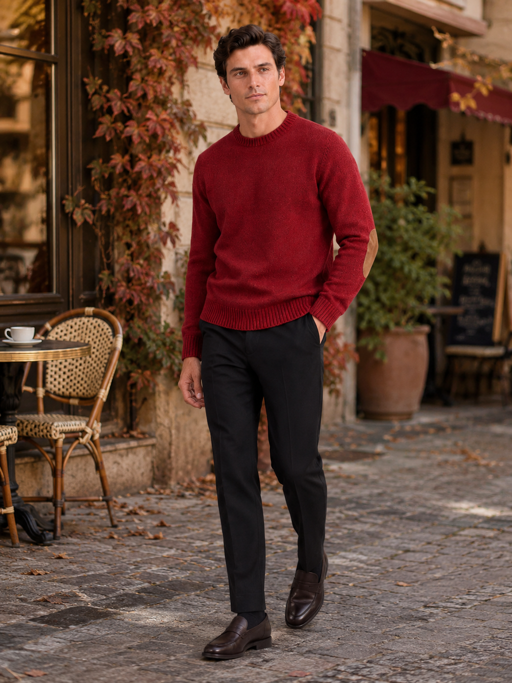 Man styling red crew neck wool sweater in a warm fall winter lifestyle outfit