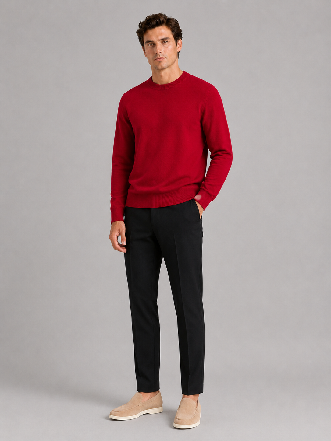 Red crewneck sweater for men loose fit pullover for everyday fall winter wear