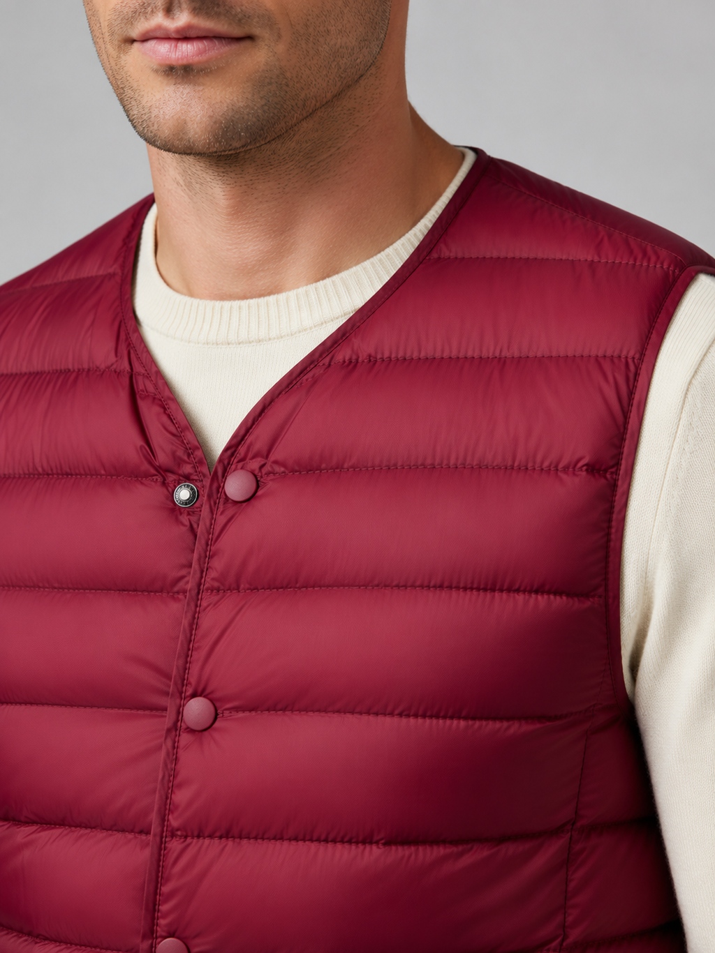 Close up of red down puffer vest showing lightweight quilted insulation, button front, and weather resistant fabric detail