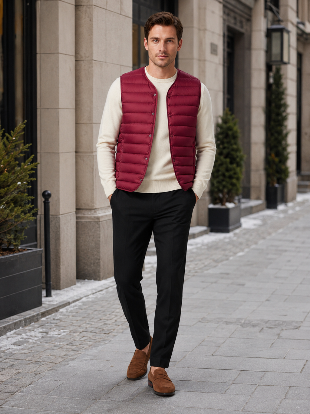 Man styling red down vest in a rugged outdoor and everyday winter lifestyle outfit