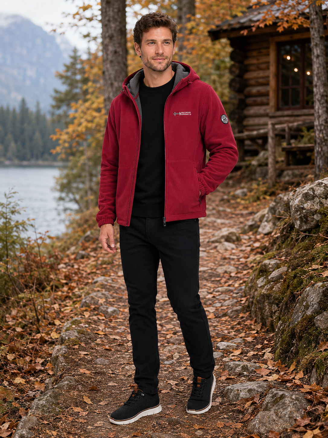 Man wearing a red hooded windproof fleece jacket for hiking and outdoor activities in fall and winter