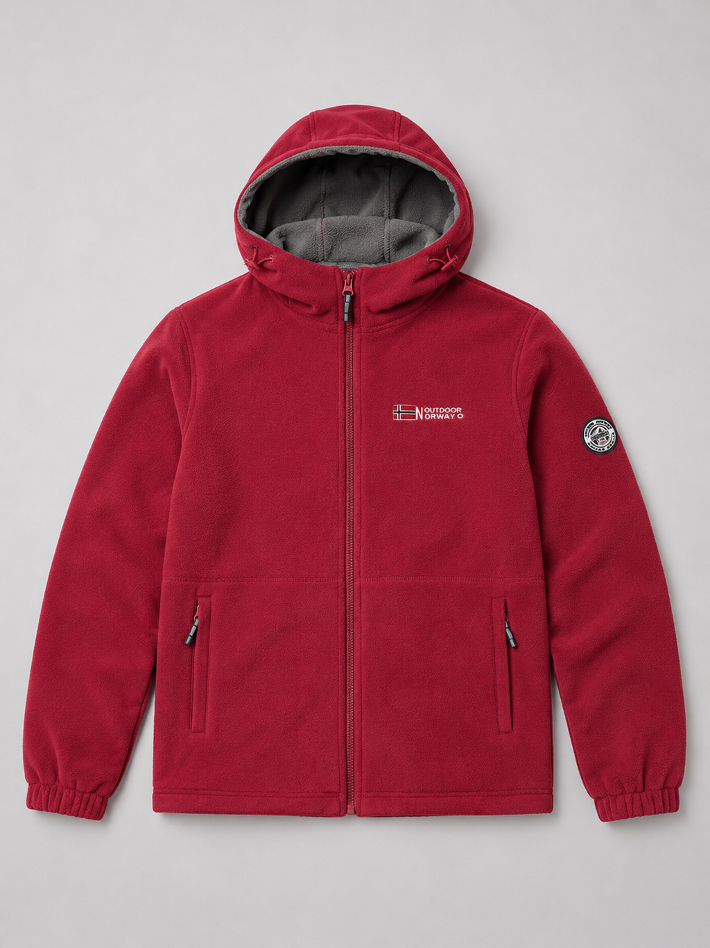 Red men’s hooded windproof fleece jacket with thick warm construction displayed on a plain background