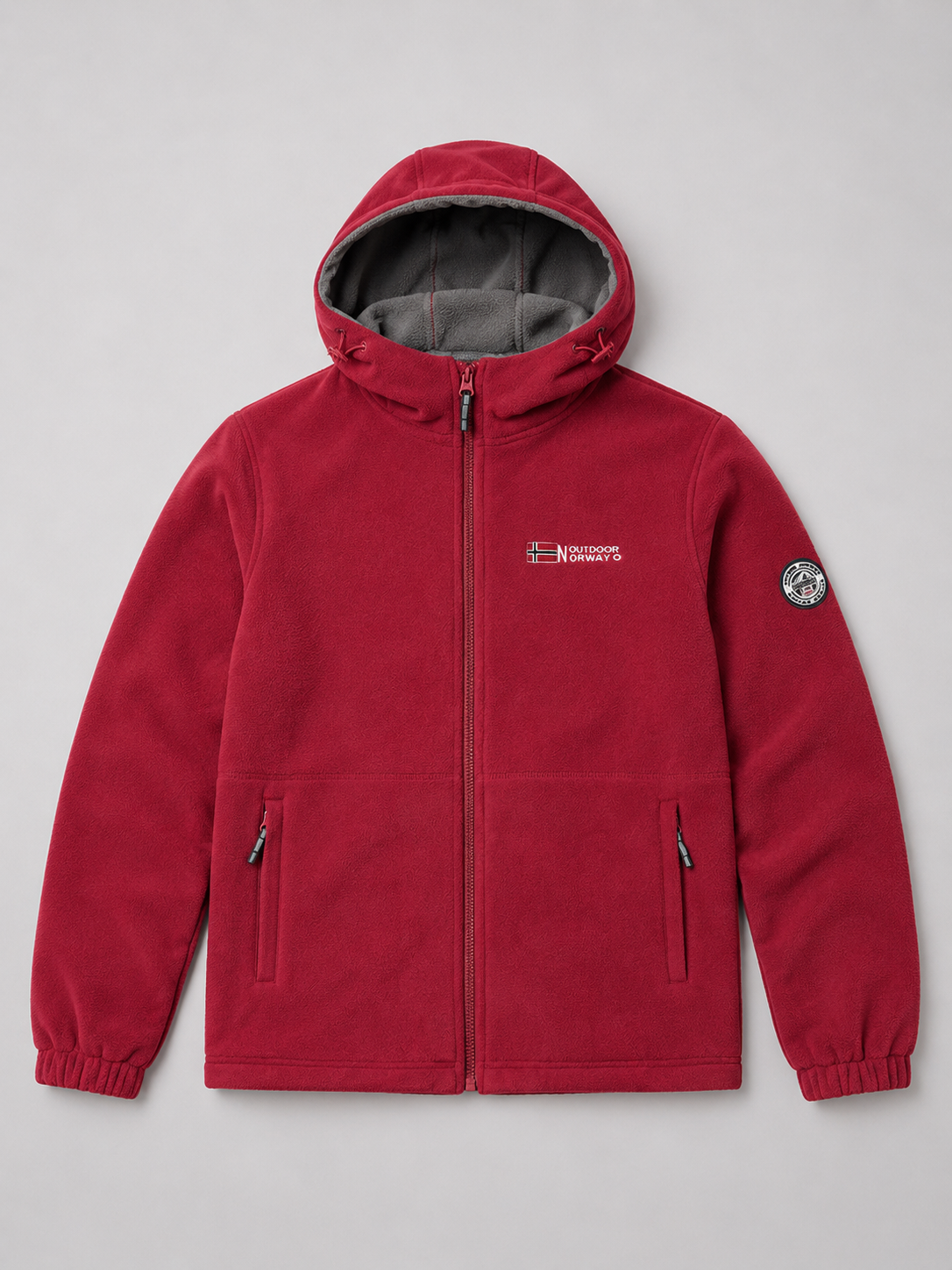 Red men’s hooded windproof fleece jacket with thick warm construction displayed on a plain background