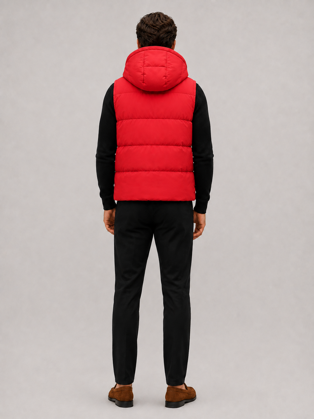 Back view of a man wearing a red hooded puffer vest showing the attached hood, quilted construction, and comfortable fit