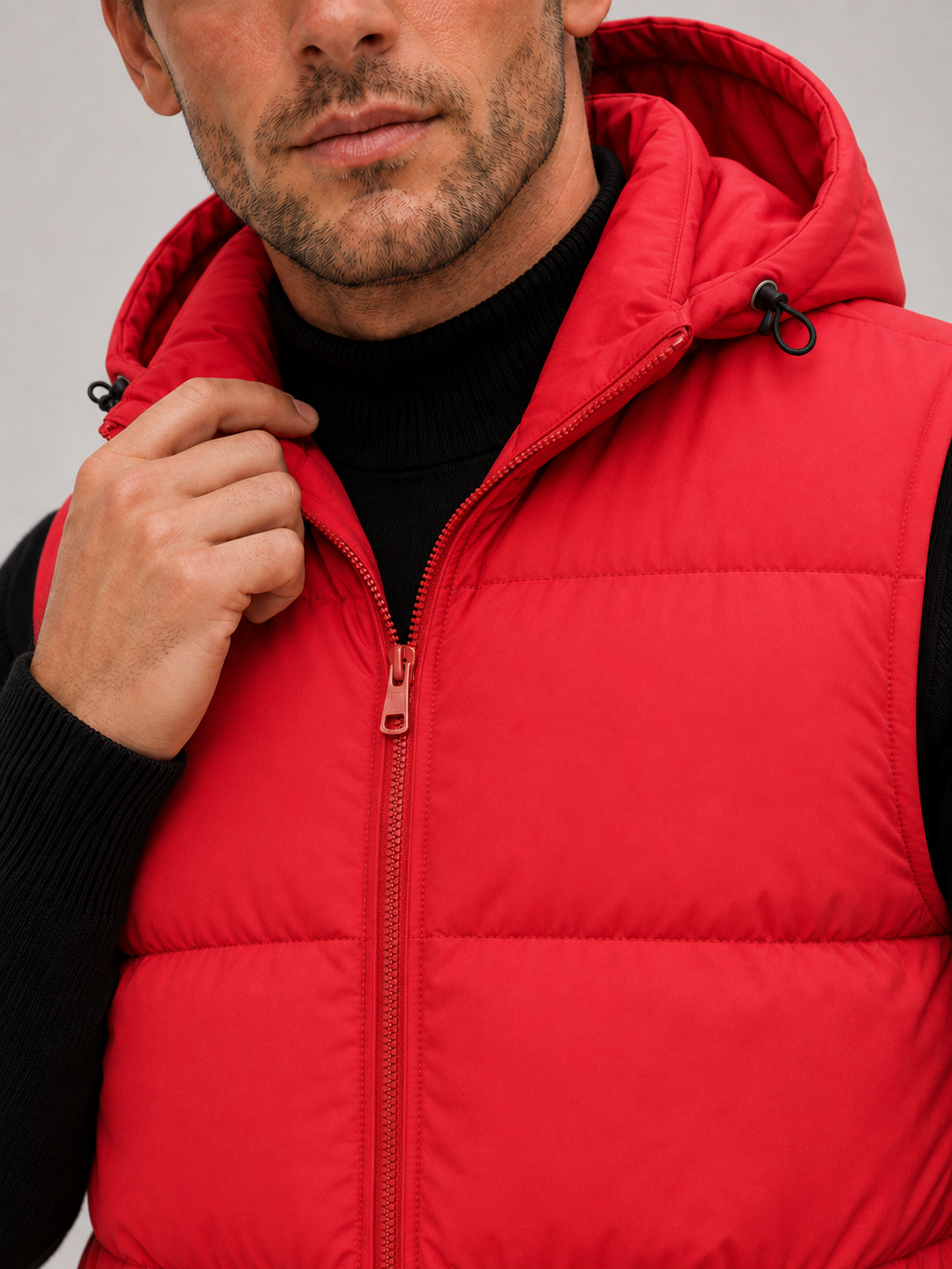 Close-up of a red hooded puffer vest showing the thick quilted insulation, full zipper, hood, pockets, armholes, and stitching