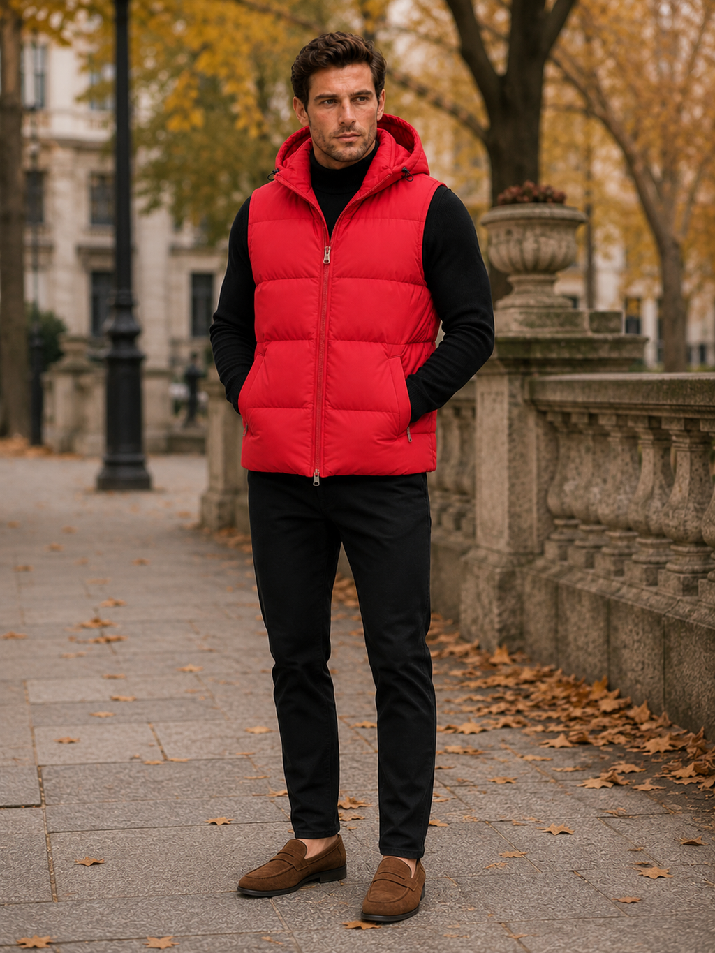 Man wearing a red hooded puffer vest in a casual fall winter outfit for outdoor and everyday wear