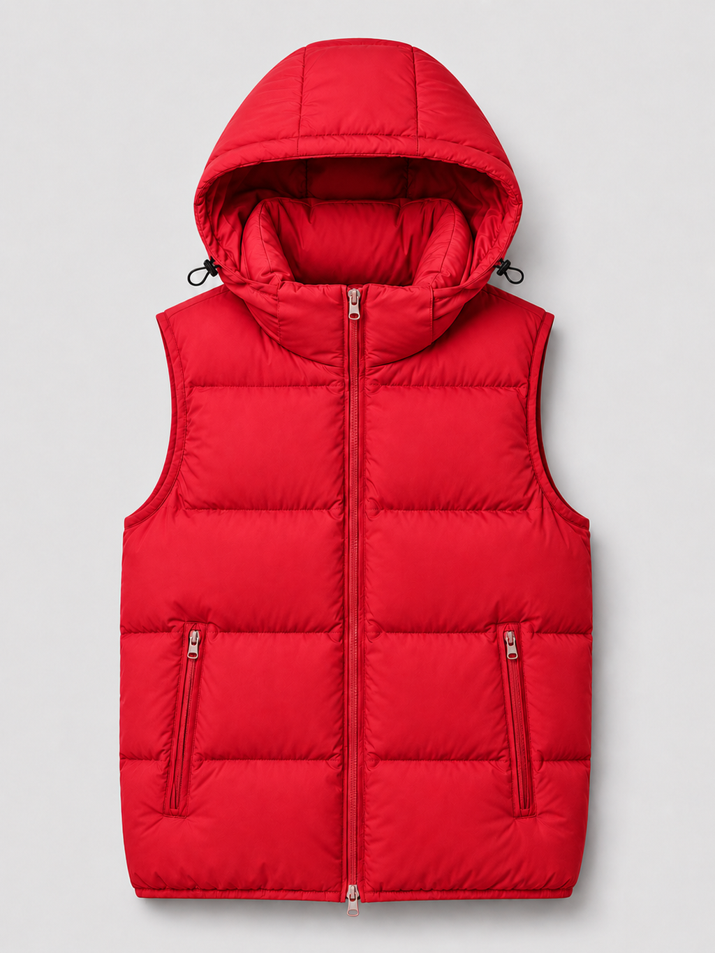 Red men’s thick insulated hooded puffer vest displayed on a plain background