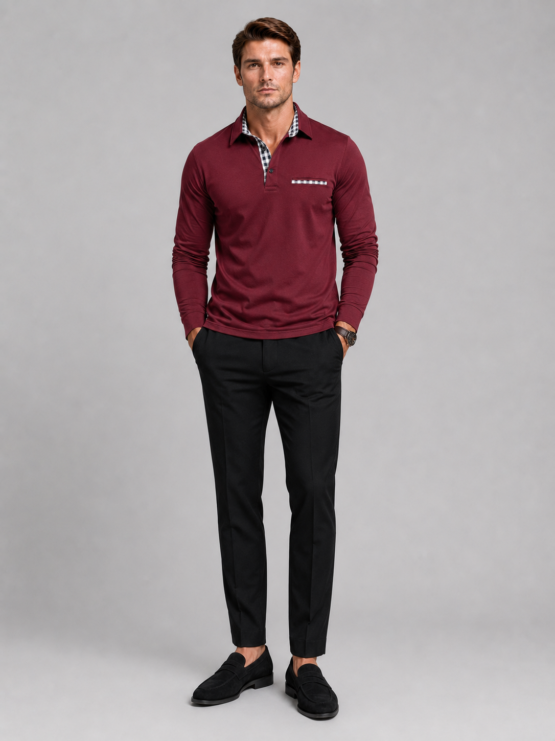 Wine long sleeve polo shirt for men plaid panel casual top for everyday and office wear