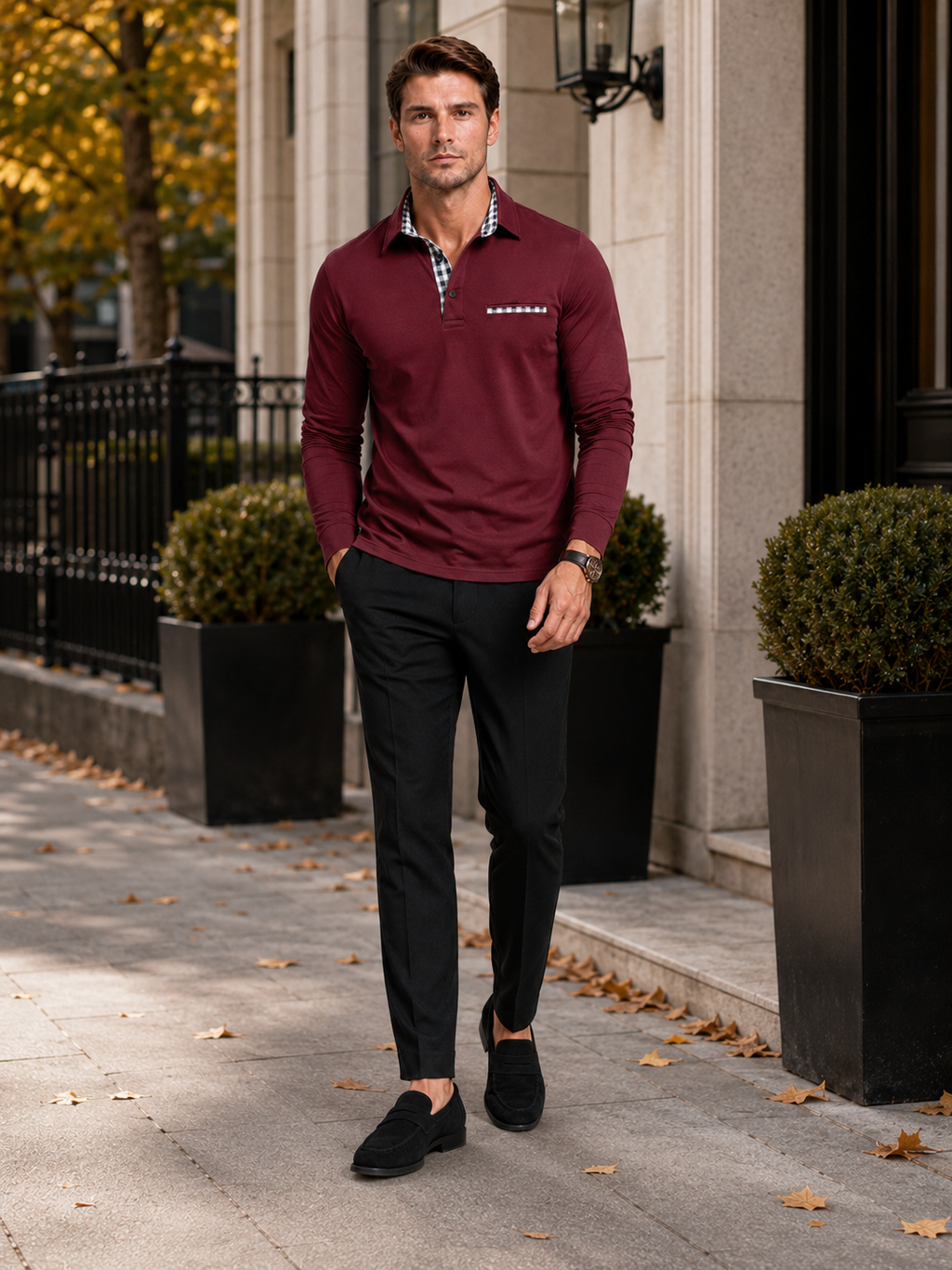 Man styling wine long sleeve polo shirt with plaid panel in a sophisticated everyday business casual outfit