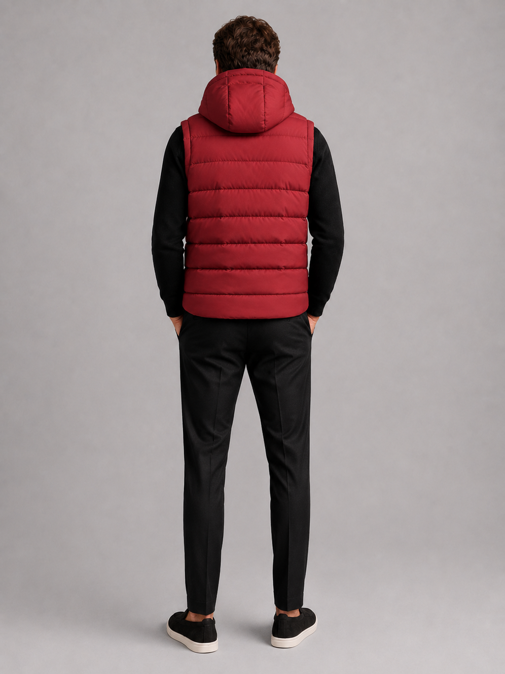 Back view of a man wearing a red hooded puffer vest showing the attached hood, padded construction, sleeveless cut, and comfortable fit