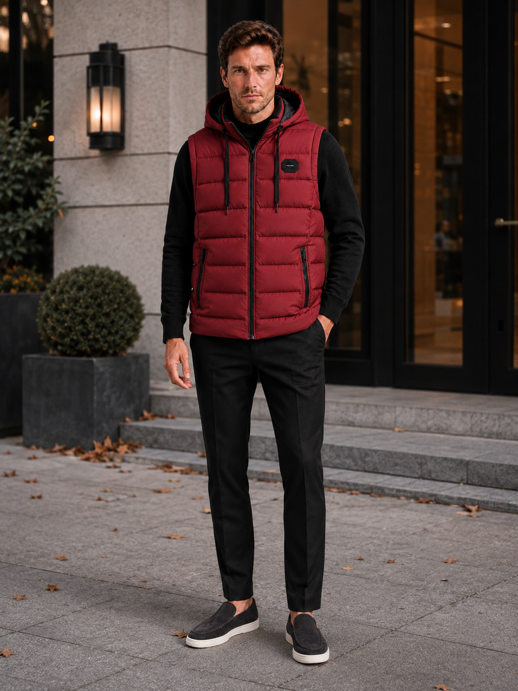 Man wearing a red hooded puffer vest in a casual fall winter outfit for outdoor and everyday wear