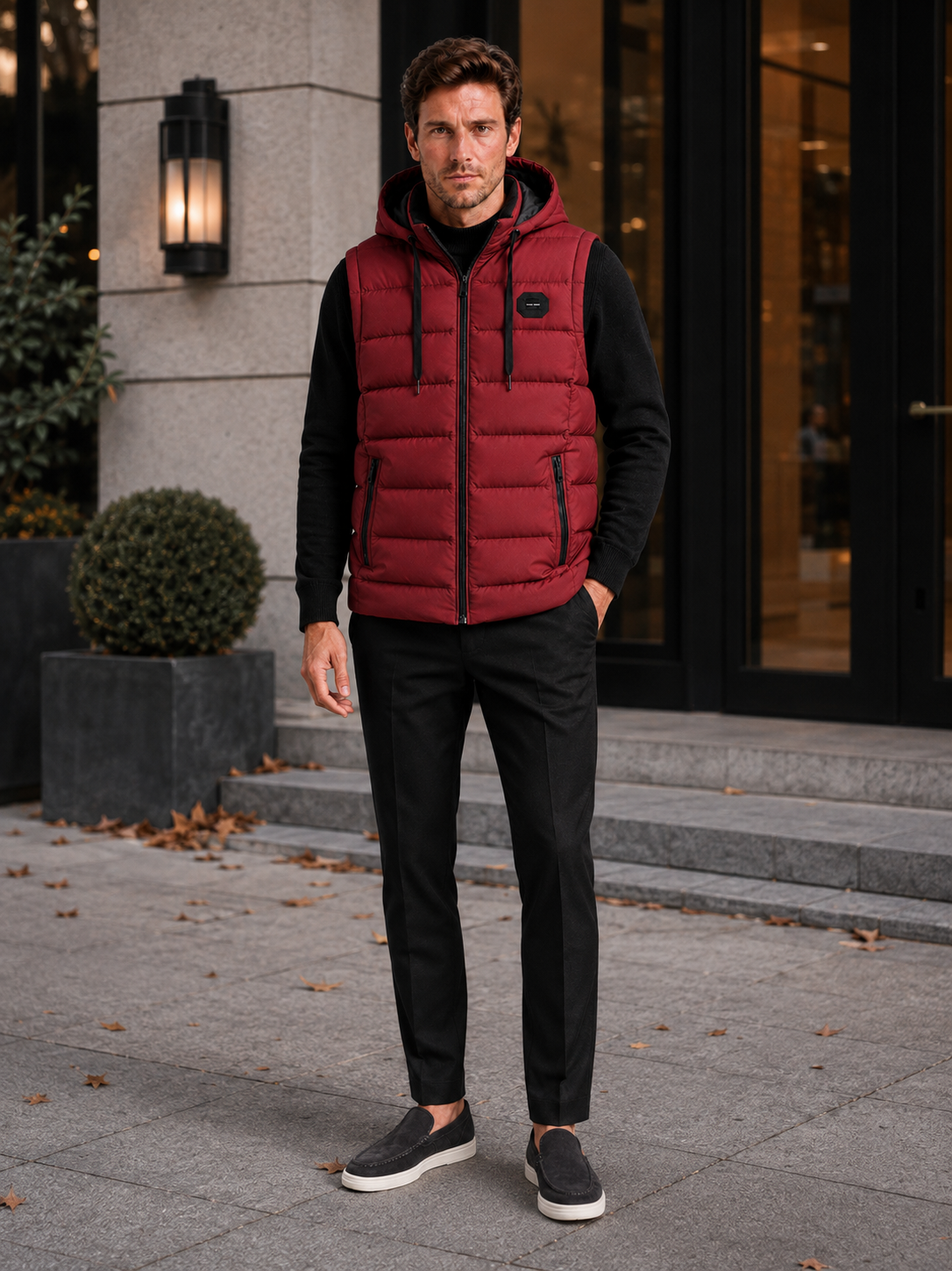 Man wearing a red hooded puffer vest in a casual fall winter outfit for outdoor and everyday wear