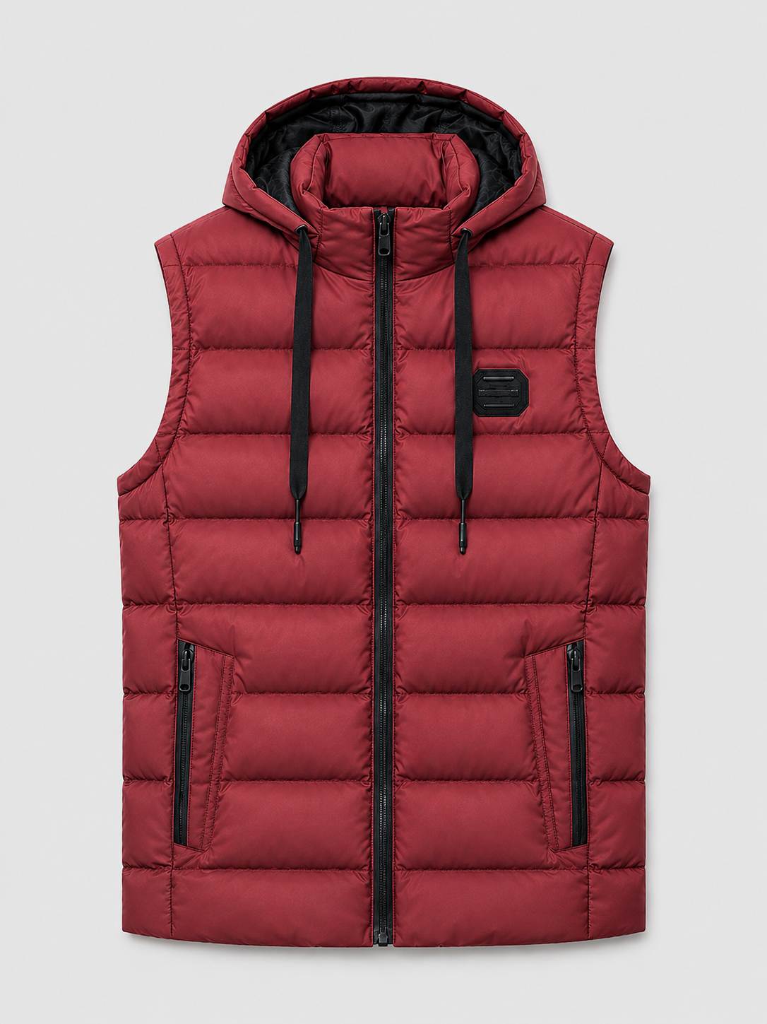 Red men’s hooded cotton padded puffer vest with a thick warm design displayed on a plain background