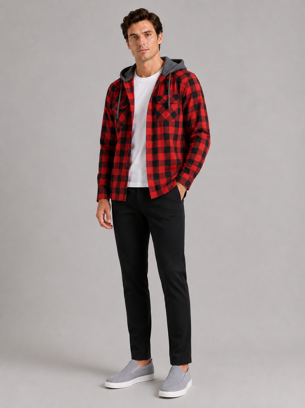 Red plaid hooded flannel shirt jacket for men warm fall layer for outdoor wear