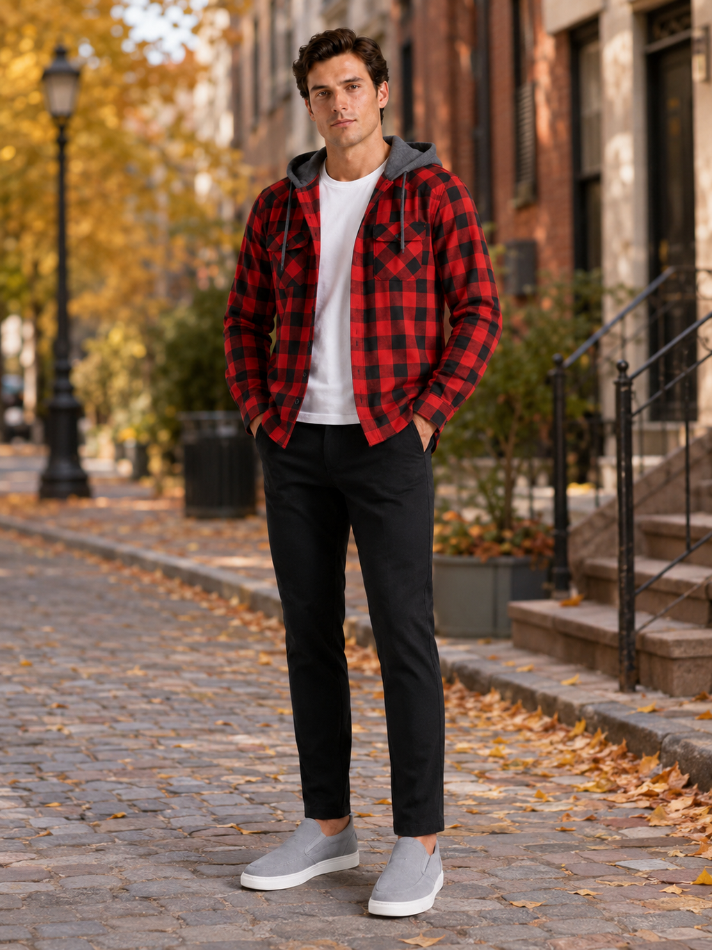 Man styling red plaid hooded flannel jacket in a rugged fall outdoor lifestyle outfit