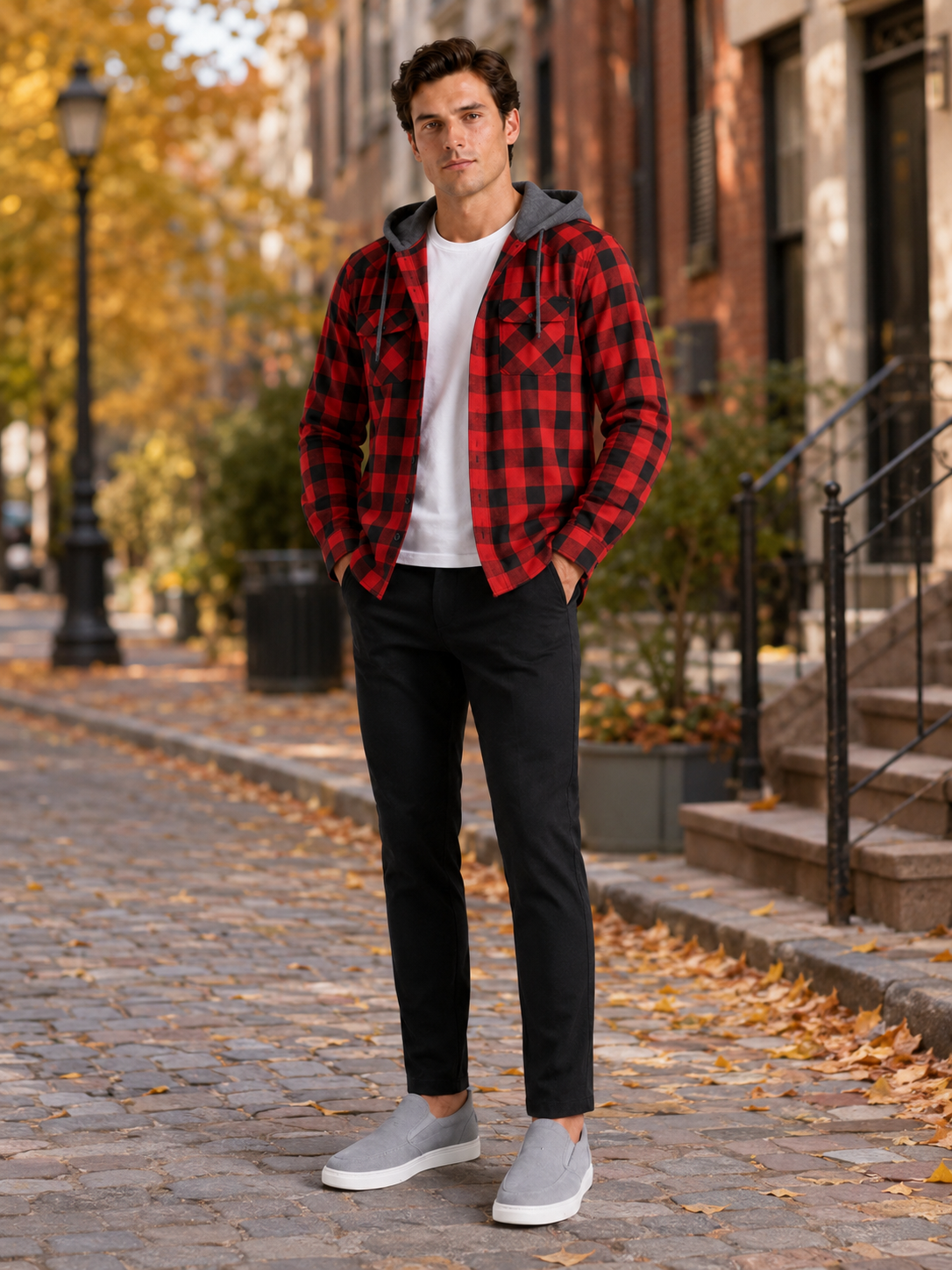Man styling red plaid hooded flannel jacket in a rugged fall outdoor lifestyle outfit