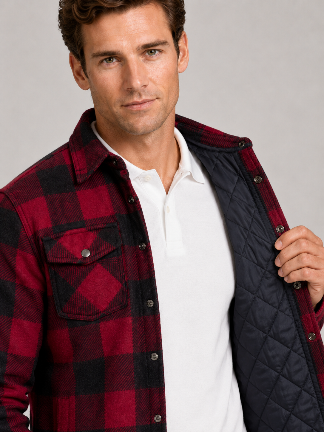 Close up of red quilted jacket showing plaid flannel lining, quilted stitching, and durable fabric detail