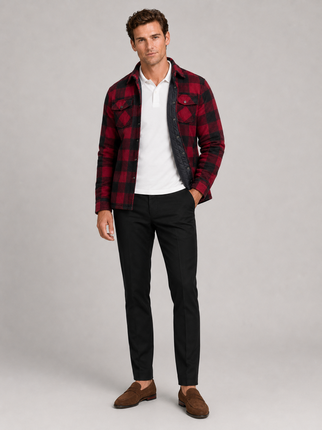 Red quilted jacket for men plaid flannel lined warm fall winter outerwear for everyday wear