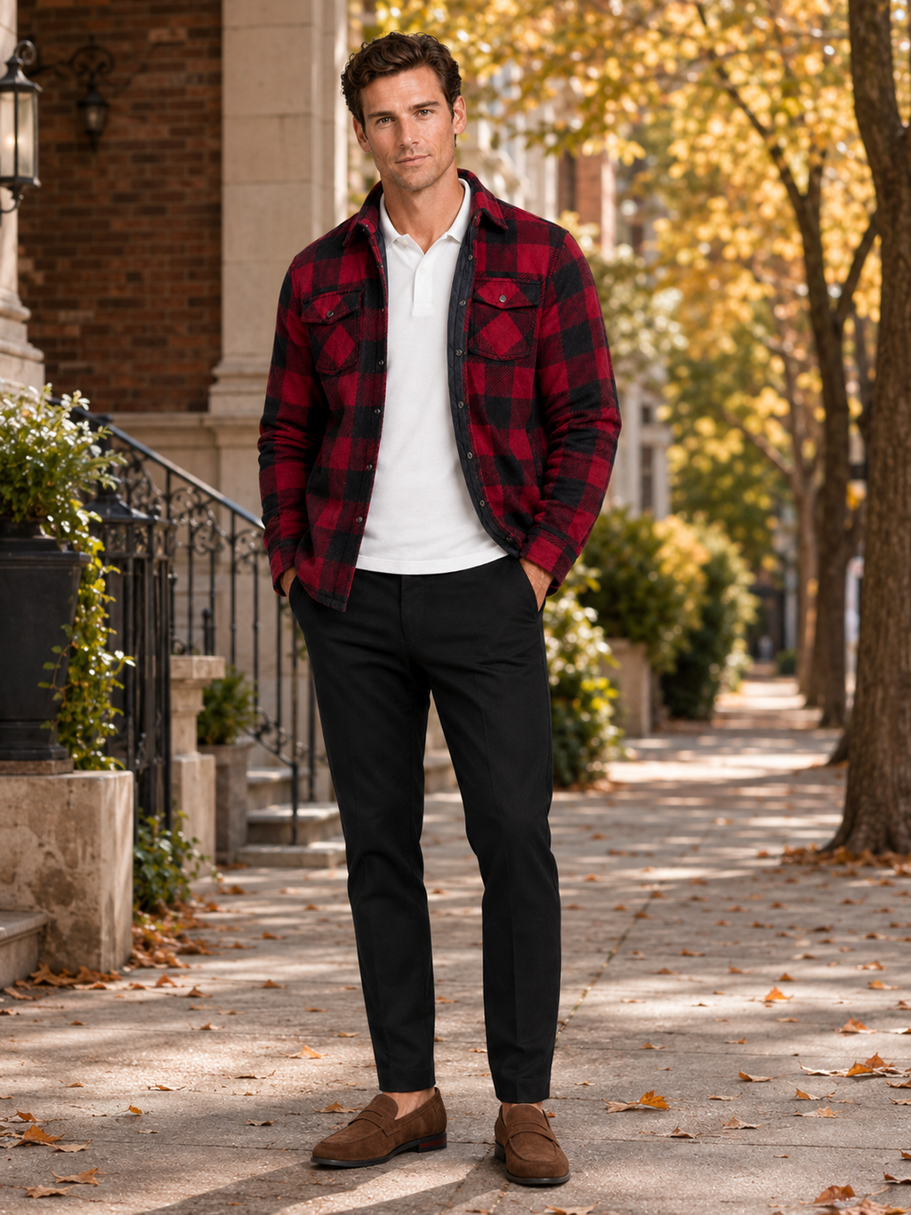 Man styling red quilted jacket with plaid flannel lining in a classic outdoor and everyday winter lifestyle outfit