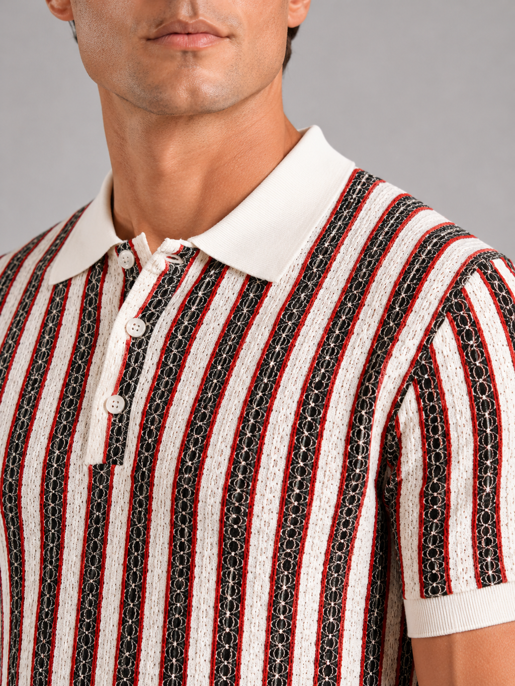 Close up of red striped polo shirt showing smooth ice silk fabric and breathable knit texture