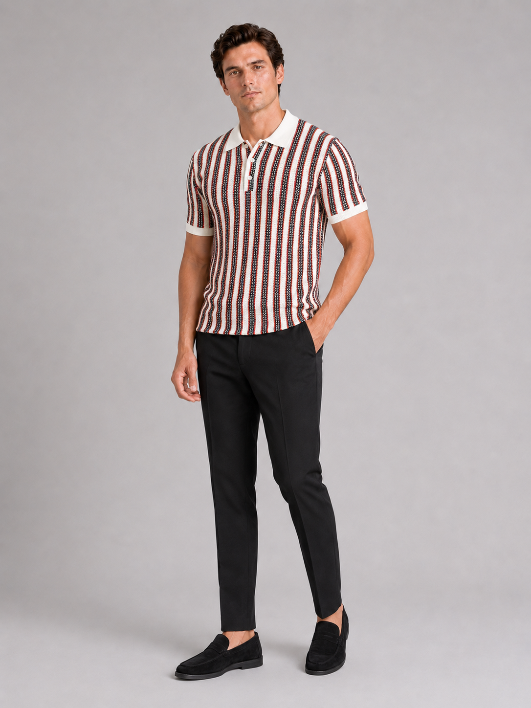 Red striped ice silk polo shirt for men lightweight summer top for vacation and outdoor wear