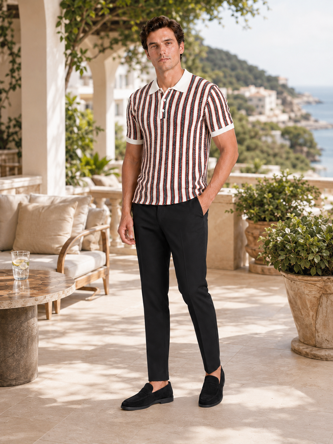 Man styling red striped ice silk polo shirt in a relaxed summer vacation lifestyle outfit