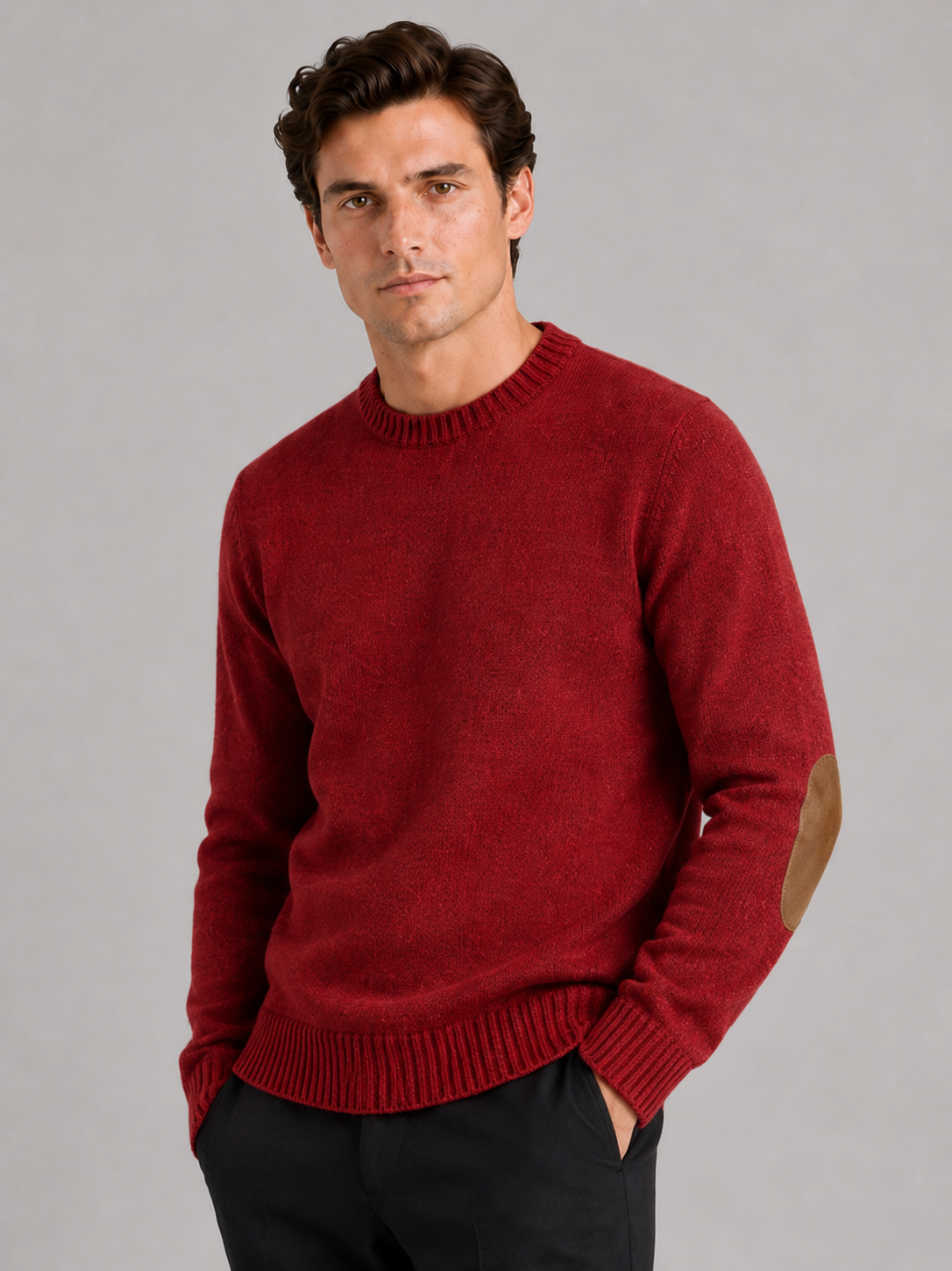 Men wearing red crew neck wool knit sweater thick loose fit fall winter casual style