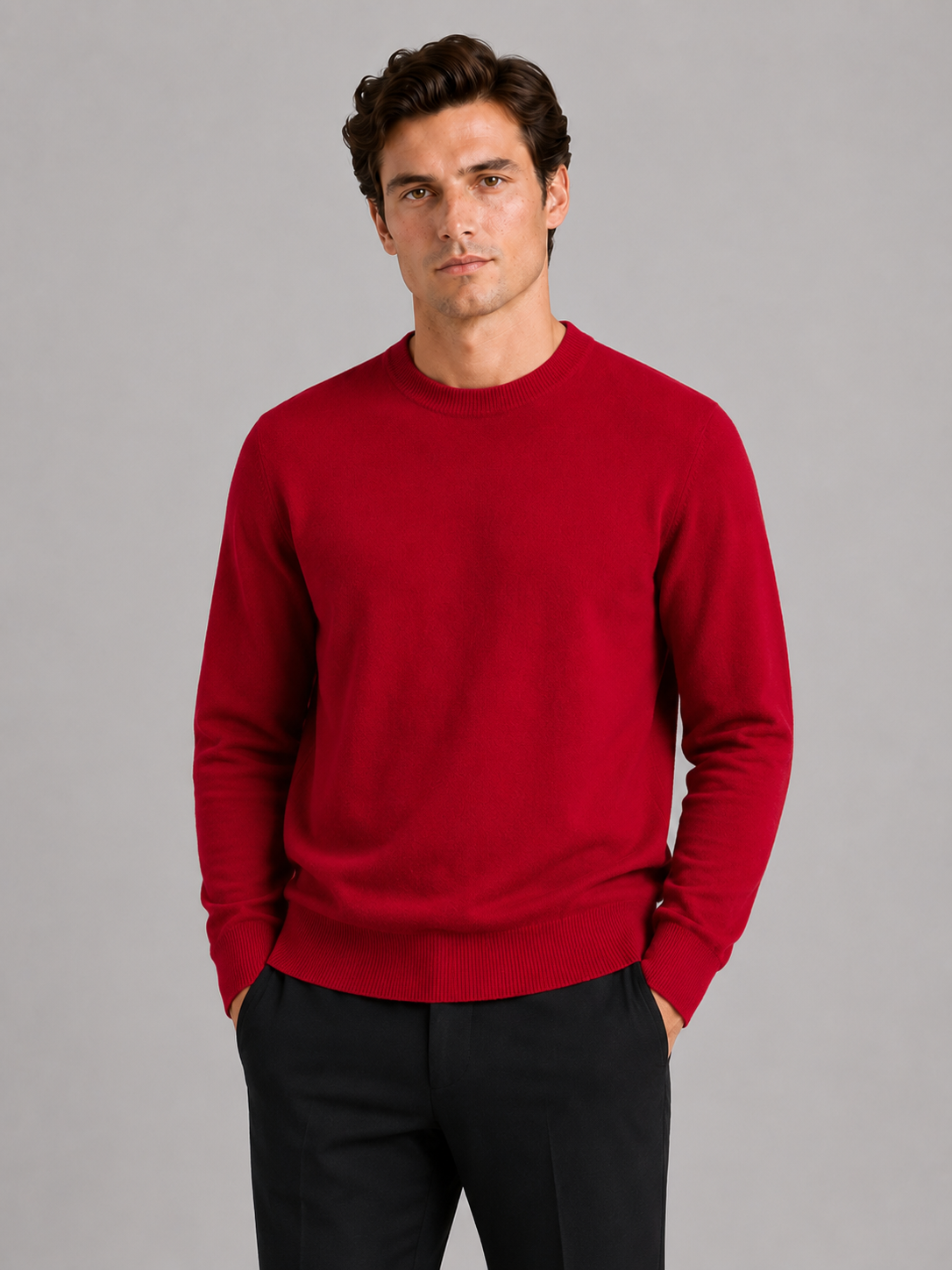Men wearing red crewneck sweater loose fit knit pullover fall winter casual style