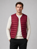 Men wearing red down vest windproof waterproof lightweight warm button front winter outdoor style