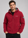 Front view of a man wearing a red hooded fleece jacket with a windproof design, thick warm construction, and full zip front