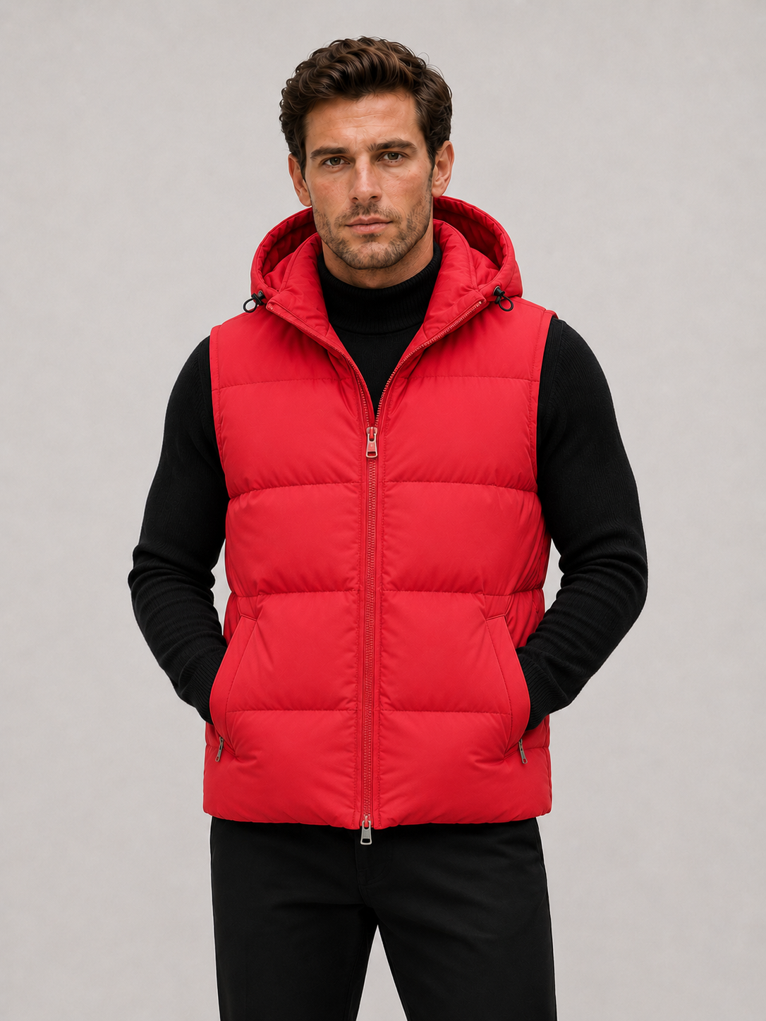 Front view of a man wearing a red hooded puffer vest with thick insulation, a full zip front, and sleeveless winter design