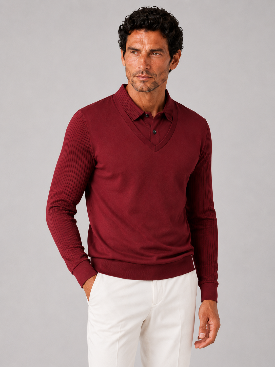 Men wearing red long sleeve polo shirt lightweight solid color business casual office style