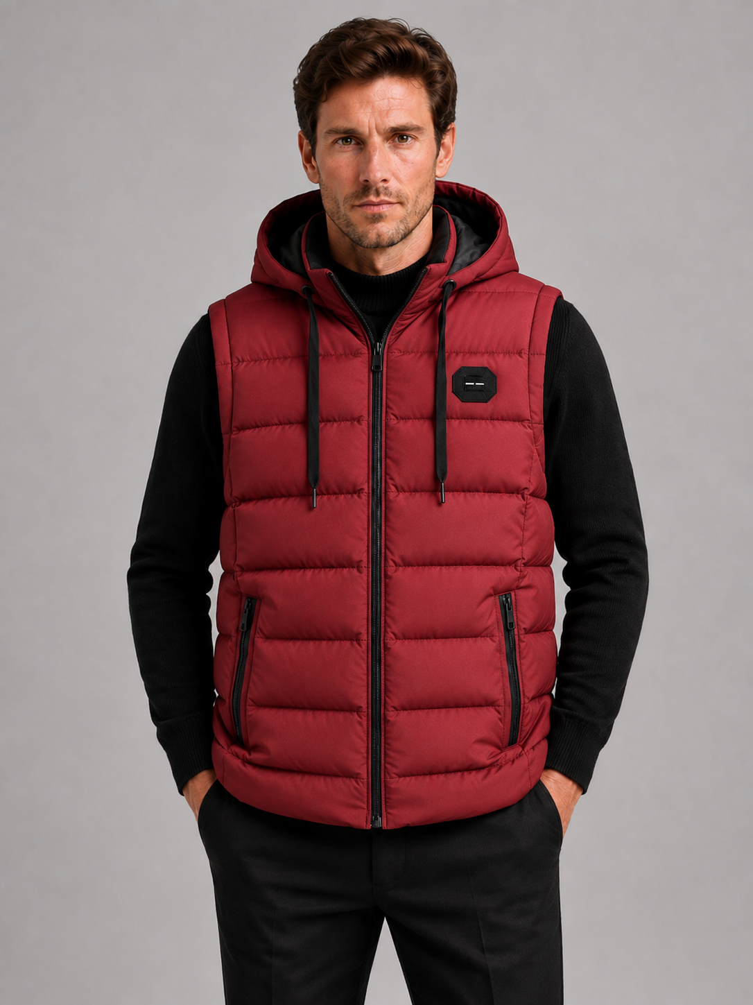Front view of a man wearing a red hooded puffer vest with cotton padding, thick insulation, sleeveless design, and full zip front