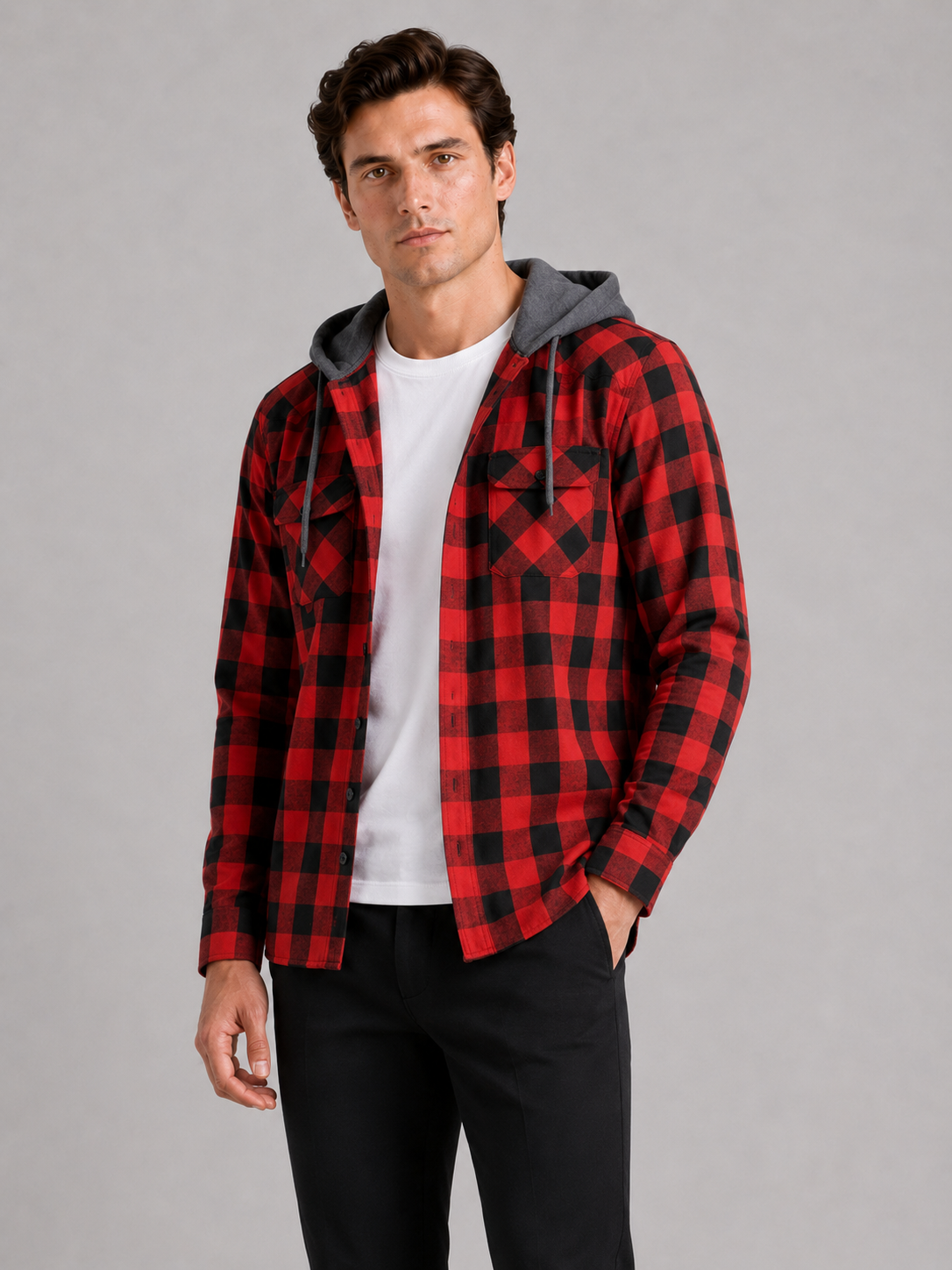 Men wearing red plaid hooded flannel jacket long sleeve button down fall casual style