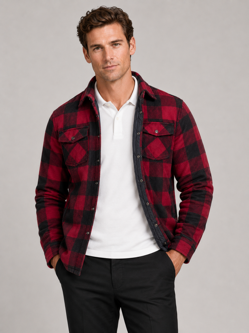 Men wearing red quilted jacket plaid flannel lined casual winter fall outdoor style