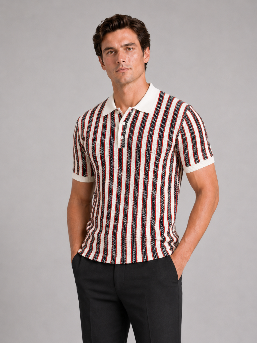 Men wearing red striped ice silk polo shirt short sleeve breathable lightweight summer style