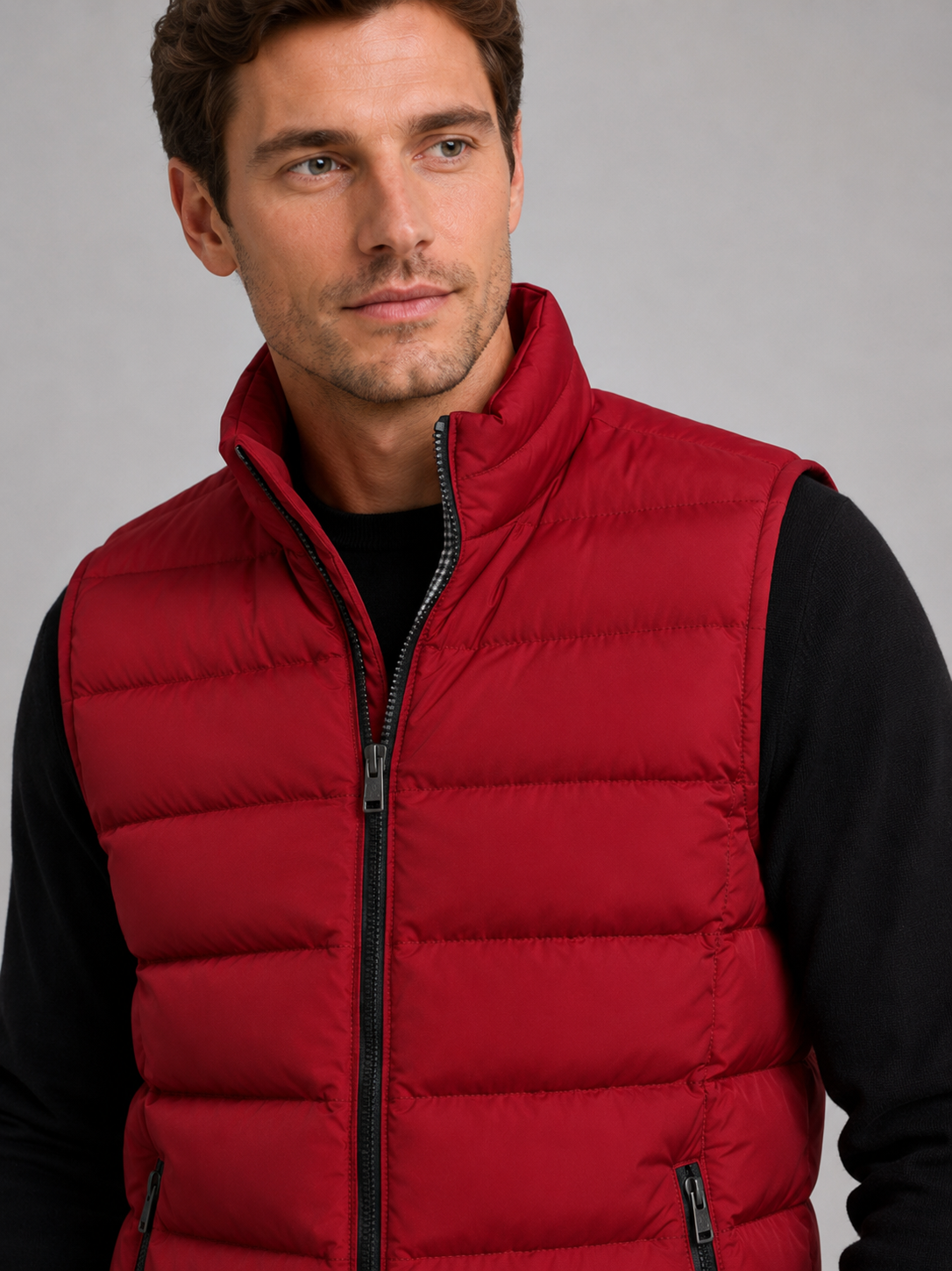 Close-up of a red windproof puffer vest showing the quilted insulation, zipper closure, stand collar, pockets, armholes, and stitching details