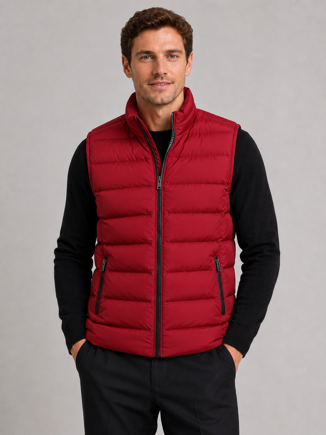Front view of a man wearing a red windproof puffer vest with thick insulation, sleeveless design, and full zip front