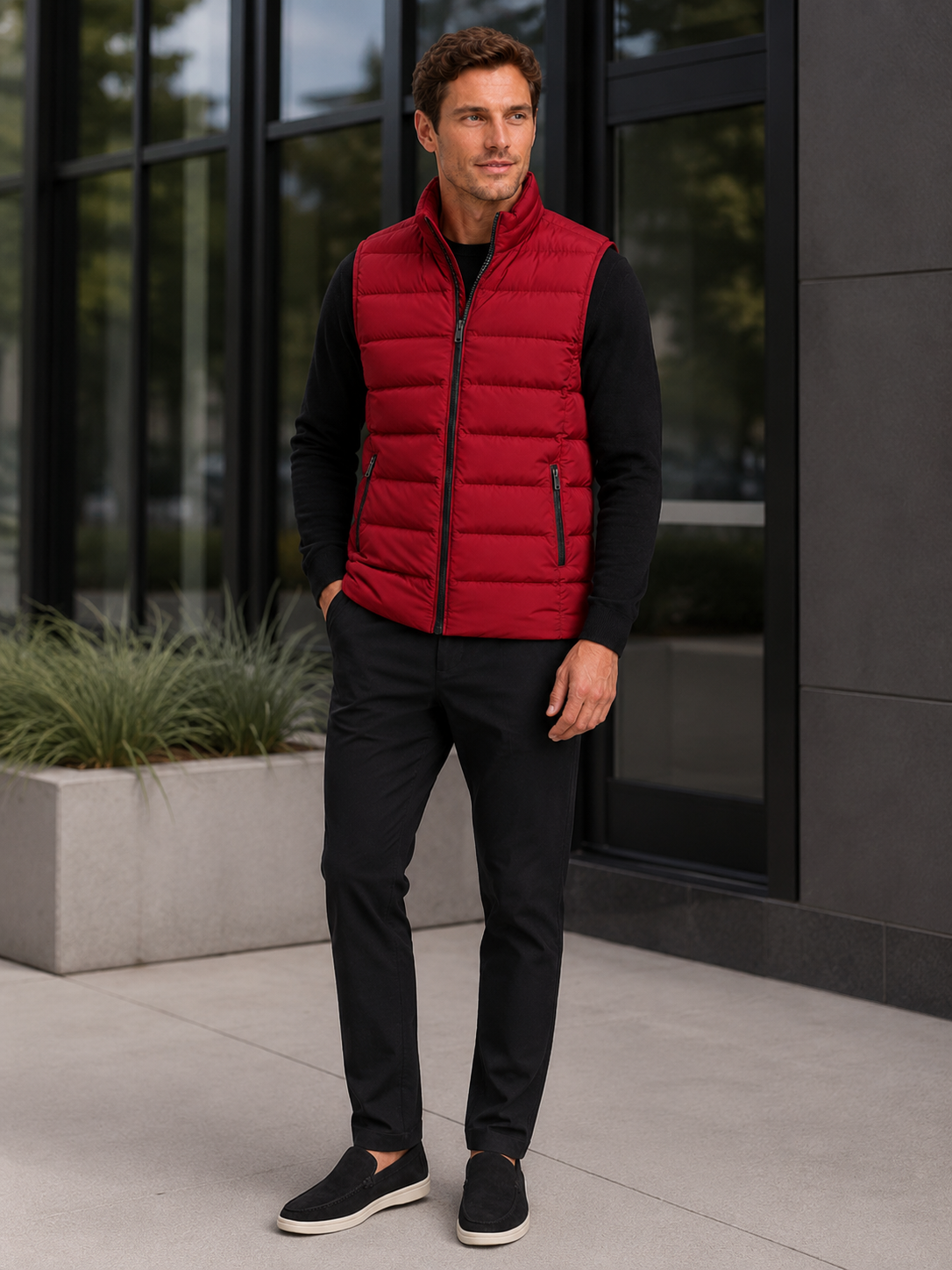 Man wearing a red windproof puffer vest in a casual fall winter outfit for outdoor and everyday wear