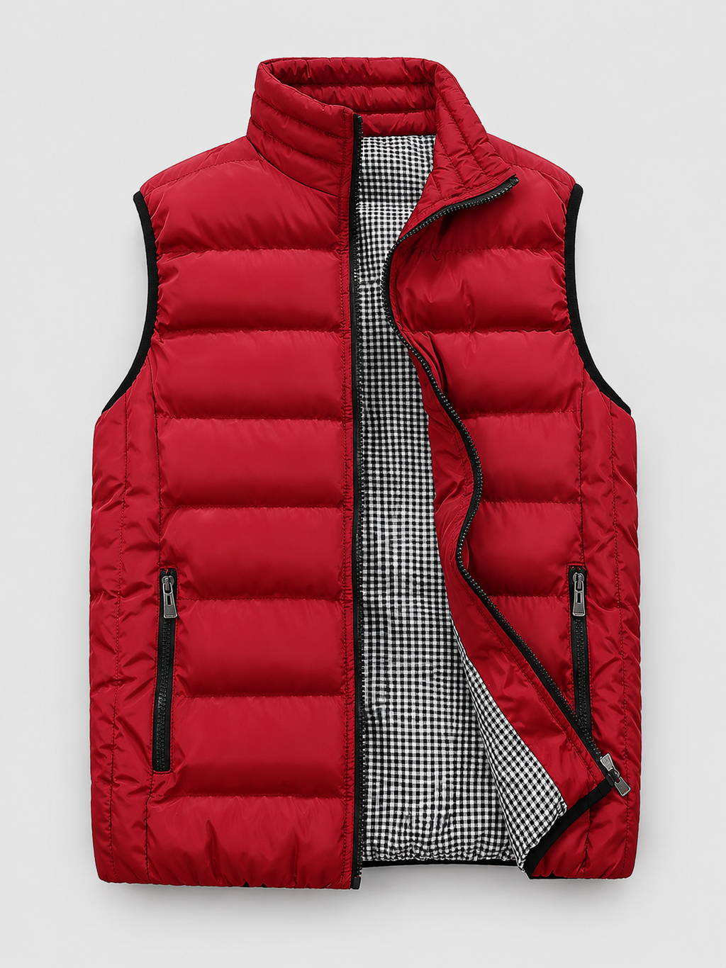 Red men’s thick insulated windproof puffer vest displayed on a plain background
