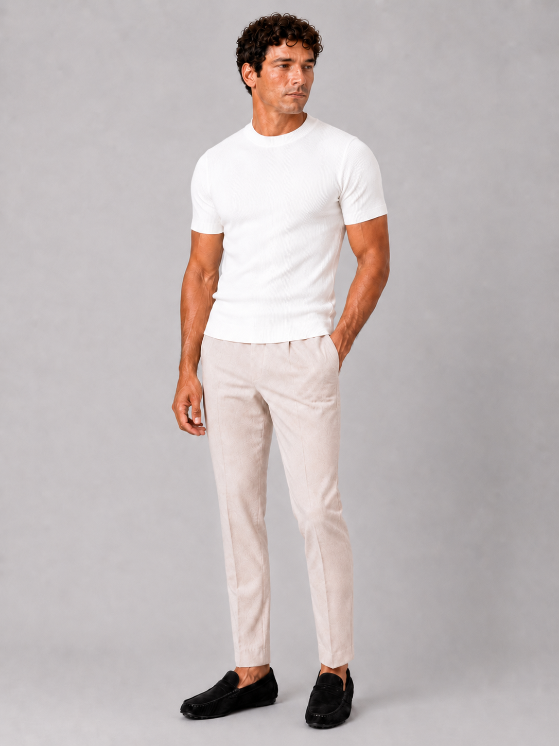 White ribbed fit t shirt for men lightweight breathable casual summer wear
